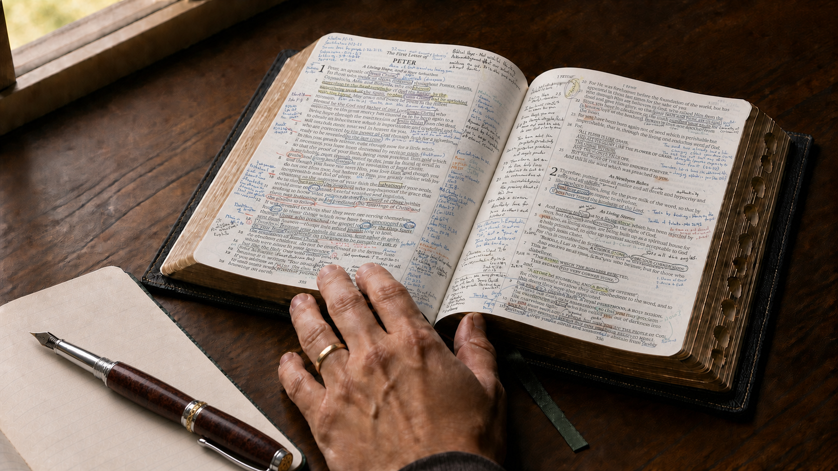 An open, annotated Bible at 1 Peter beside a handmade wooden fountain pen and a hand wearing a wedding band