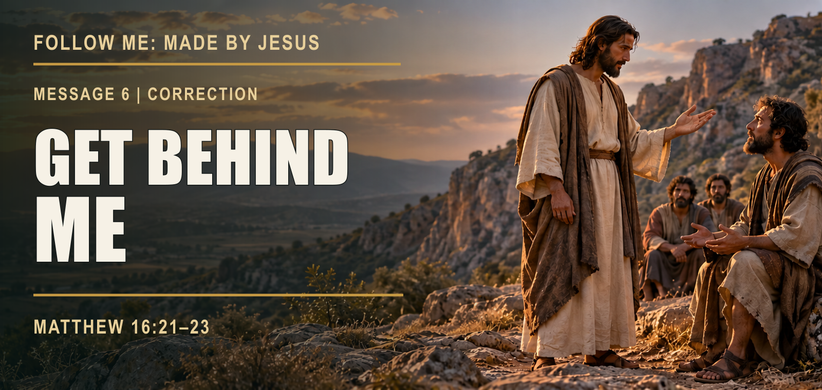 Approved Follow Me Message 6 banner portraying Jesus correcting Peter as the disciples listen