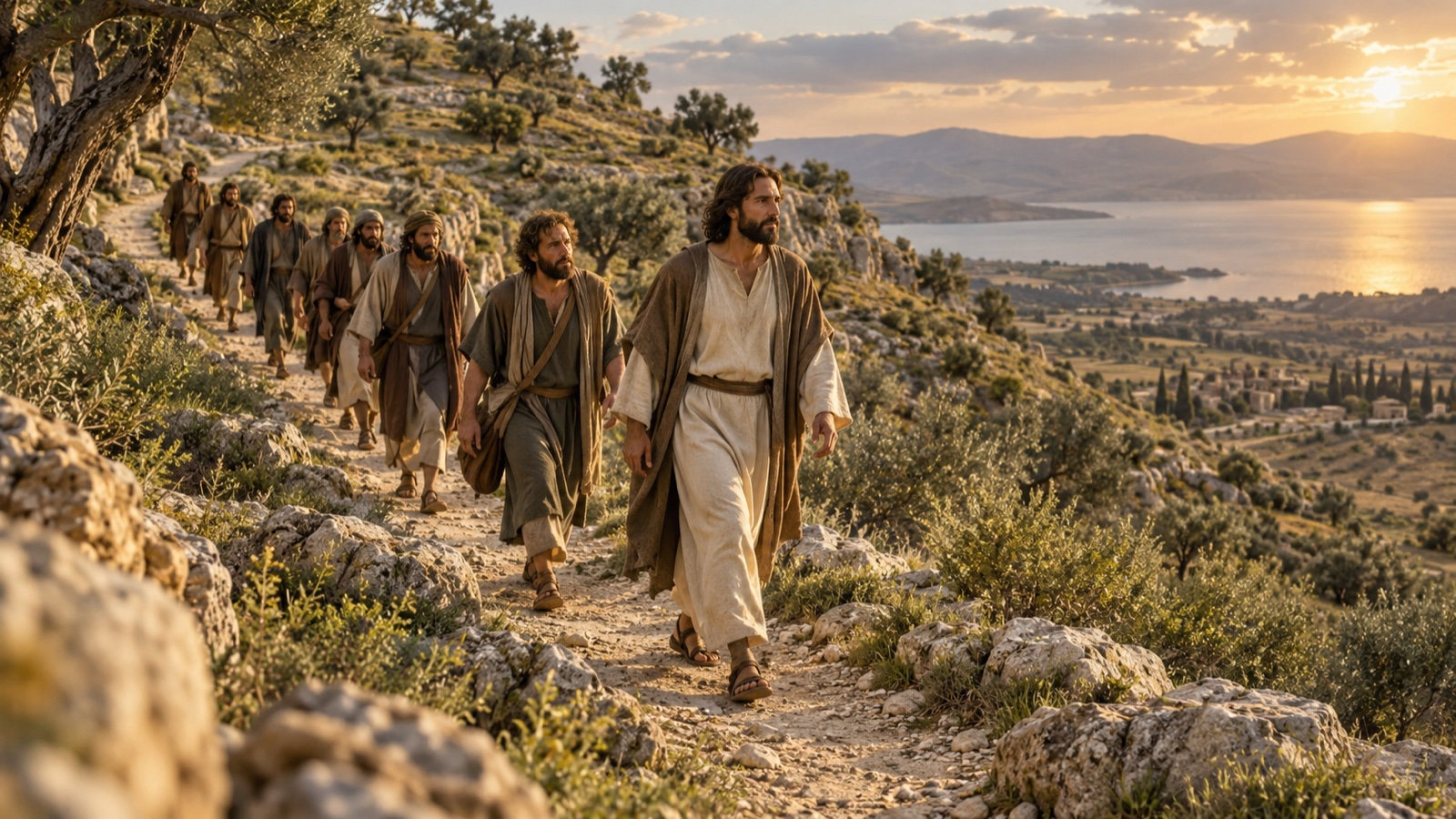 Jesus leading Peter and the other disciples along a hillside path at sunset