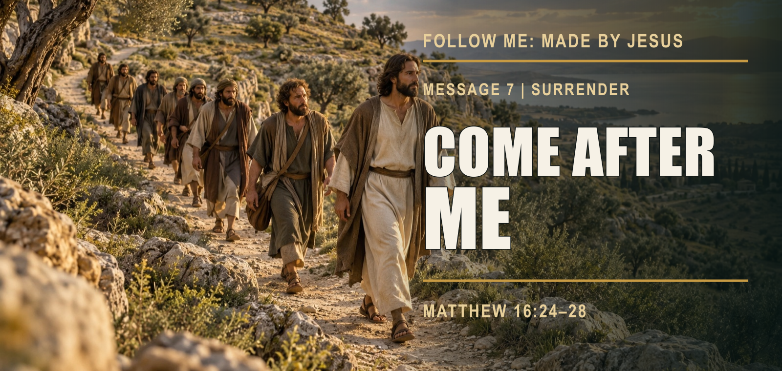 Jesus leading Peter and the other disciples along a hillside path at sunset