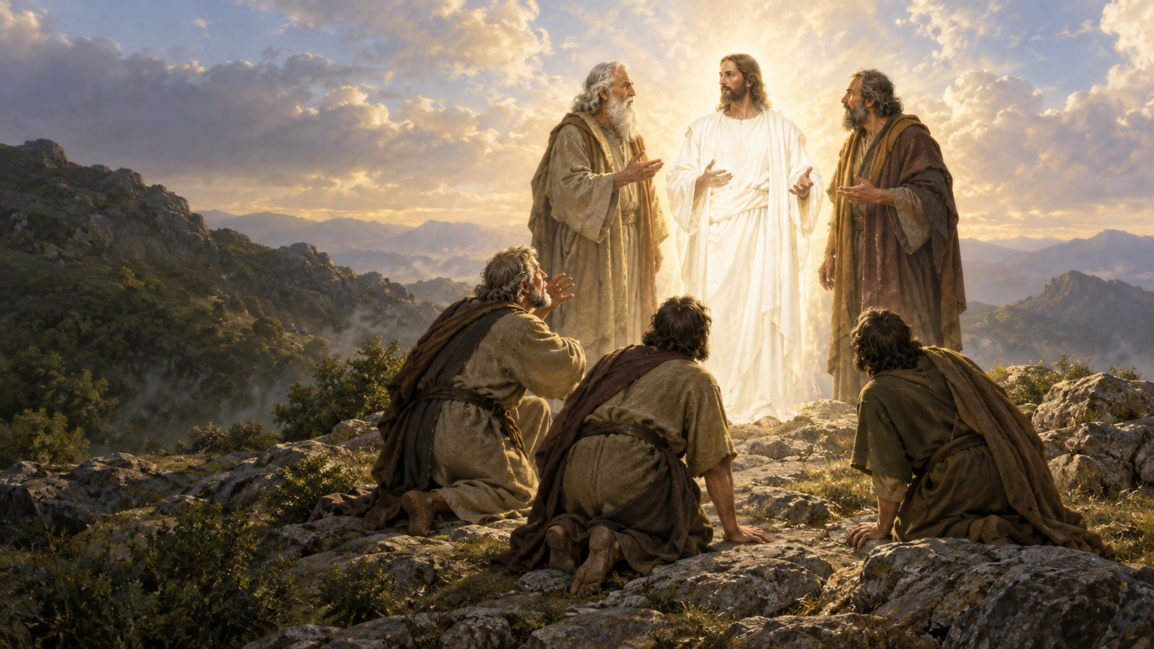 Jesus transfigured before Peter, James, and John, with Moses and Elijah nearby